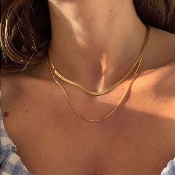 18K Gold Plated Double Flat Thin Snake Chain Clavicle Chain (Gold/Double Layer) - Picture 4 of 7